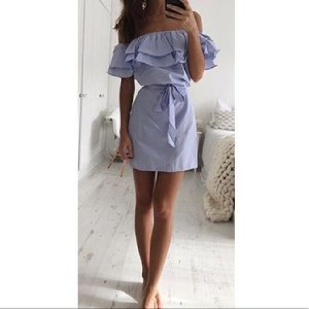 PINSTRIPED OFF SHOULDER DRESS - Picture 3 of 4